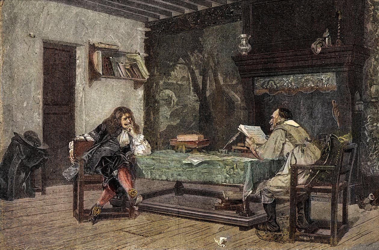 Jean Baptiste Molieren ja Pierre Corneillen yhteistyö ranskalainen draama - "" Tekijät Jean-Baptiste (Jean Baptiste) Poquelin dit Moliere (1622-1673) ja Pierre Corneille (1606-1684)"" kaiverrus Jean-Leonin (Jean) maalauksen jälkeen Leon) Gerome tekijältä Jean Leon (after) Gerome