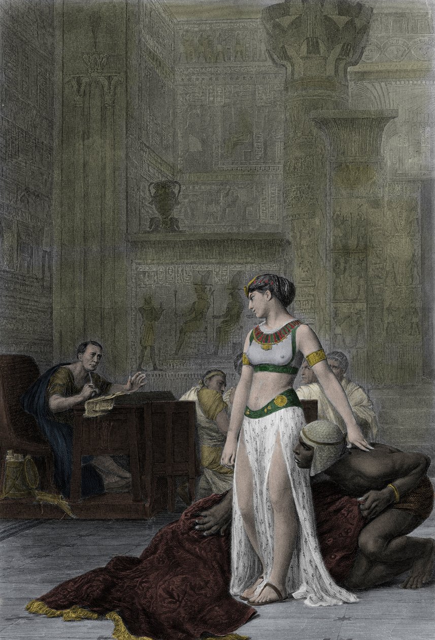 Egyptin kuningatar Kleopatra VII Thea Philopator (69-30 eKr.) ja Jules Cesar (100-44 eKr.) - Kleopatra ennen Julius Caesaria Shakespearen näytelmässä Antonius ja Kleopatra Jean Leon Geromen maalauksen jälkeen tekijältä Jean Leon (after) Gerome