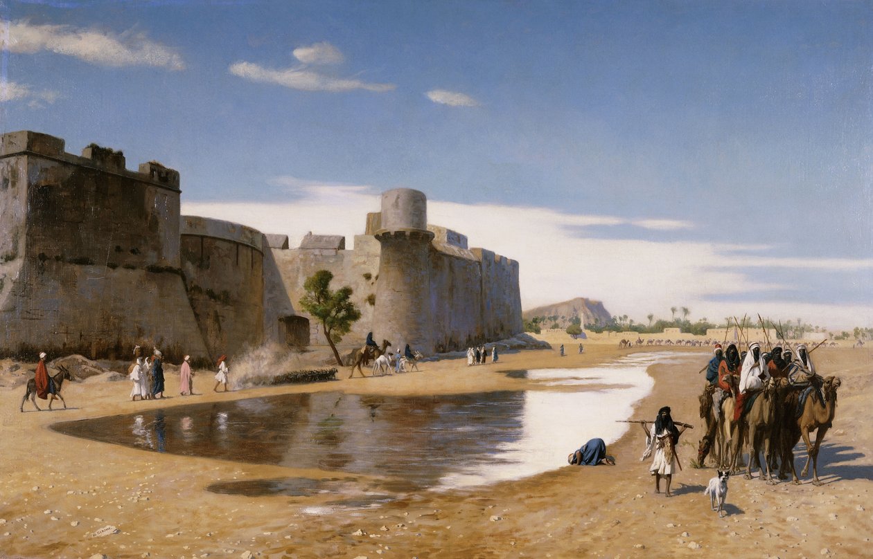 Arabikaravaani linnoituksen ulkopuolella, n. 1895 tekijältä Jean Leon Gerome