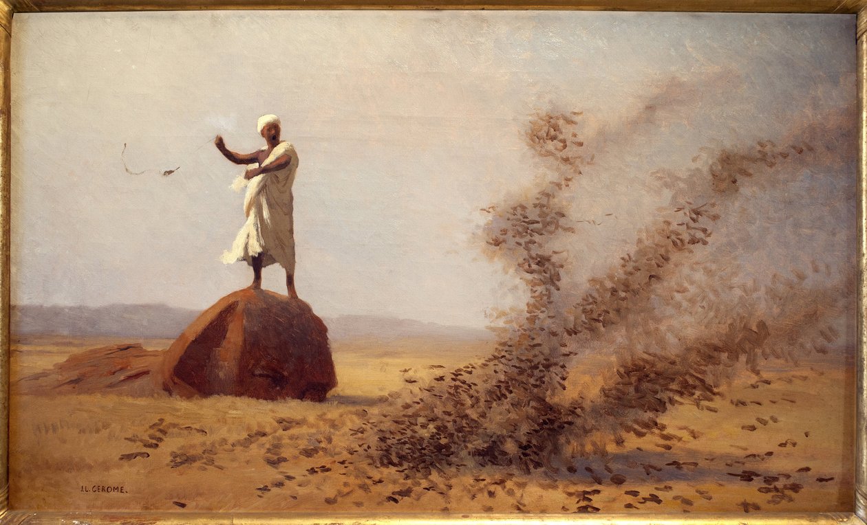 Arabi pelkää kiiruja. (Käyttämätön pöytä). Jean Leon Geromen (1824-1904) maalaus, öljy kankaalle, noin 1900. Ranskalainen taide 1900-luvun alku, orientalismi. Vesoulin museo. tekijältä Jean Leon Gerome