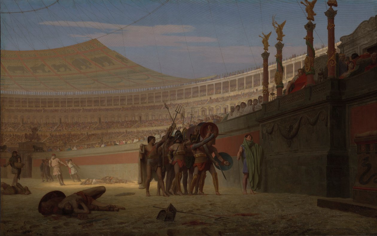 Hail Caesar! Morituri te salutant (Eläköön Caesar! Me, jotka kohta kuolemme, tervehdimme sinua). tekijältä Jean Leon Gerome