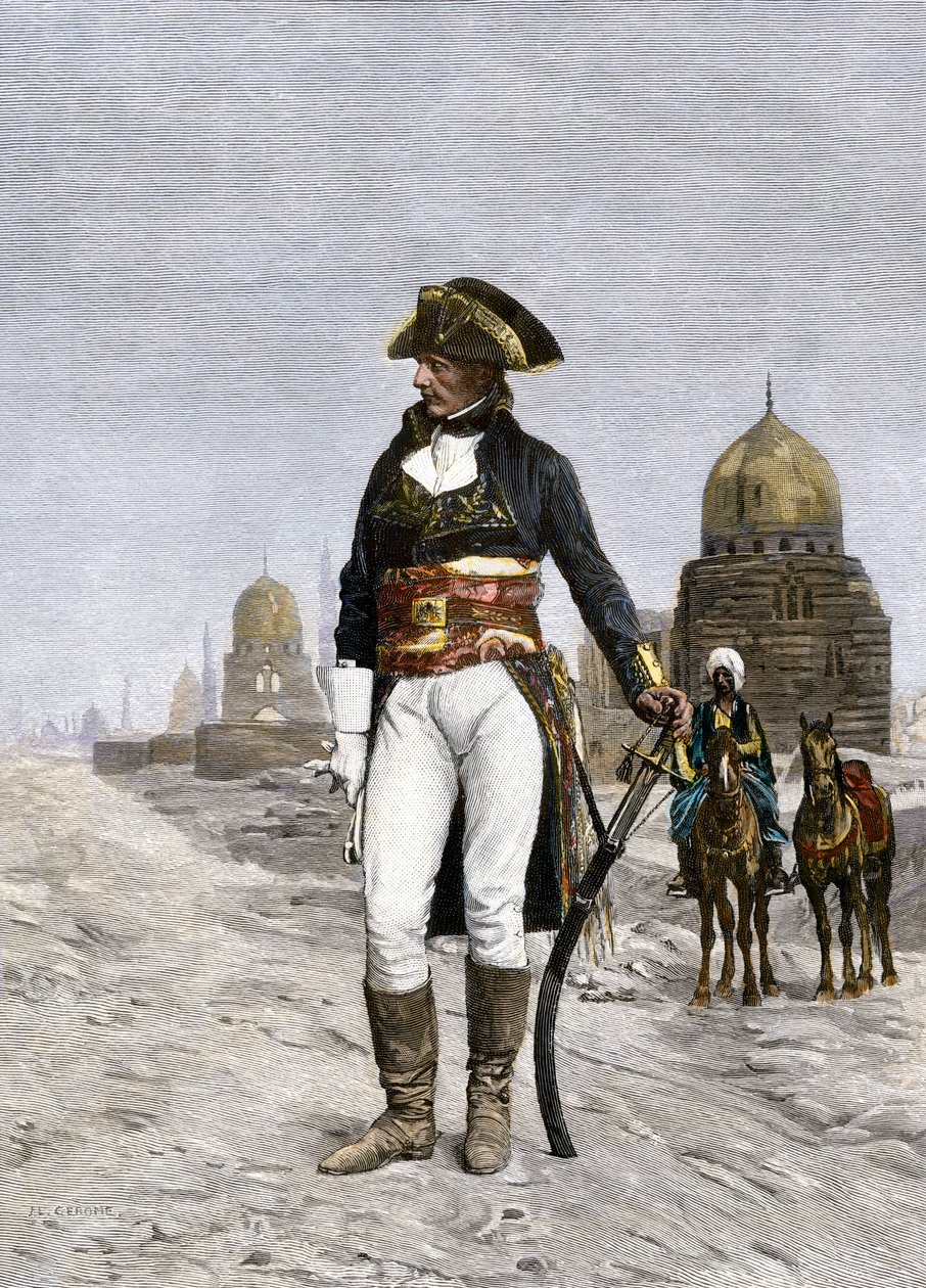 Egyptin sotaretki (1798-1801): Napoleon Bonaparten (1769-1821) muotokuva Kairossa vuonna 1798. Värikaiverrus Jean Leon (Jean-Leon) Geromen maalauksesta. tekijältä Jean Leon Gerome