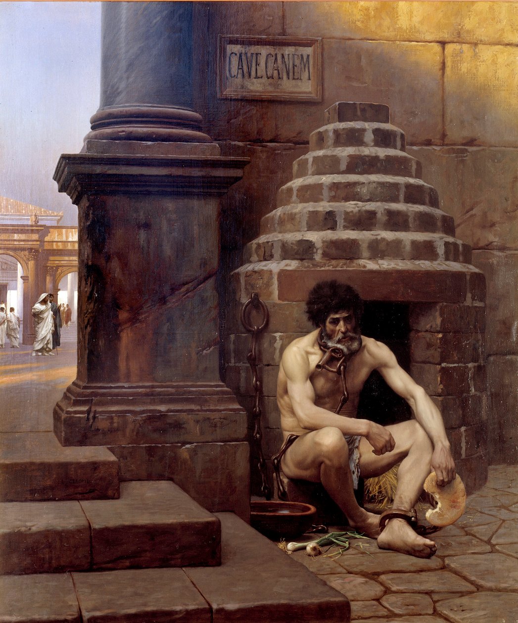 Cave canem Sotavanki Roomassa, ketjussa kuin koira kadun kulmassa "" Varo koiraa""". Jean Leon Geromen (1824-1904) maalaus 1800-luvun aurinko. 1,06x0,9 m Vesoul, museo Georges Garret - Cave Canem; Sotavanki Roomassa, kahlittu kuin a tekijältä Jean Leon Gerome