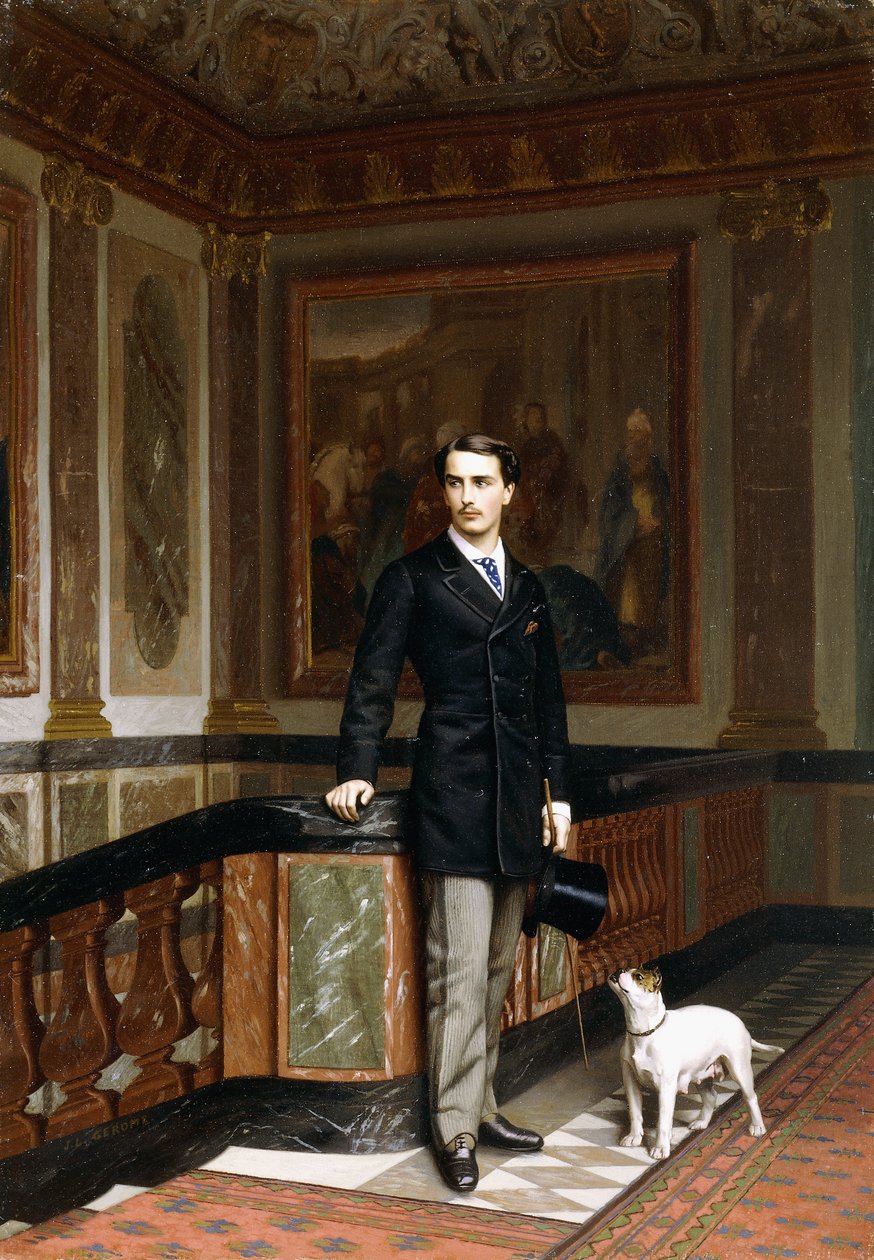 Tarina La Rouchefoucauld Duc de Doudeauvillesta terrierinsä kanssa, noin 1870-luku tekijältä Jean Leon Gerome