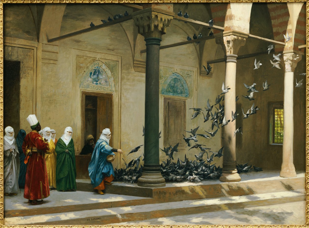Haareminaiset ruokkimassa kyyhkysiä pihalla tekijältä Jean Leon Gerome