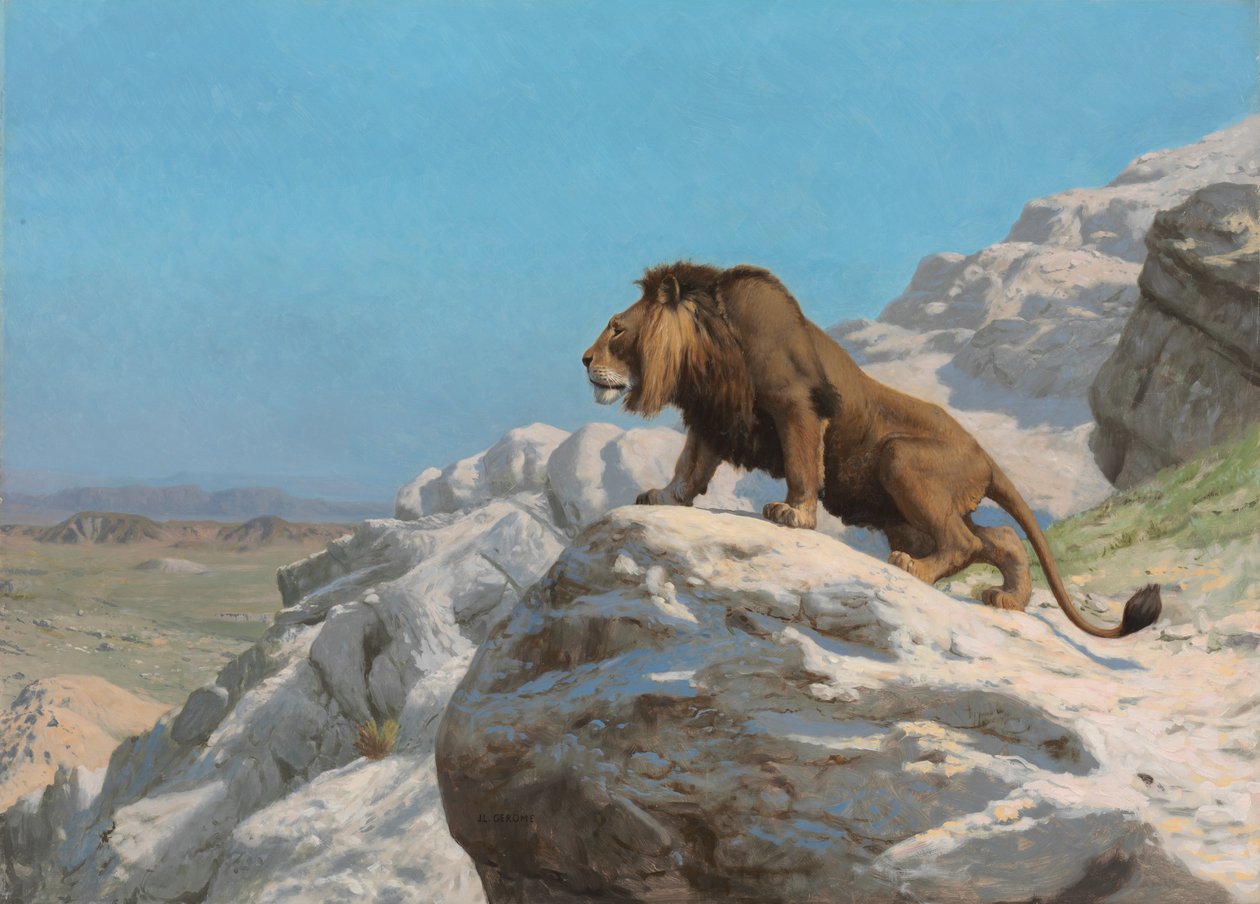 Leijona vahdissa, noin 1885 (öljy puupaneelille). tekijältä Jean Leon Gerome