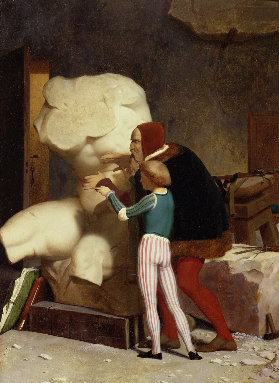 Michelangelo (1475-1564) näyttää opiskelijalle Belvederen torsoa, 1849 tekijältä Jean Leon Gerome