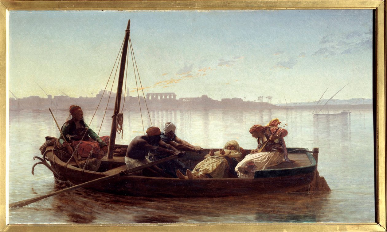 Vanki Egyptiläisten merimiesten kuljettama vanki veneellä Niilillä. Jean Leon Geromen (1824-1904) maalaus 1861 su. 0,45x0,78 m Nantes, Musee des Beaux Arts tekijältä Jean Leon Gerome