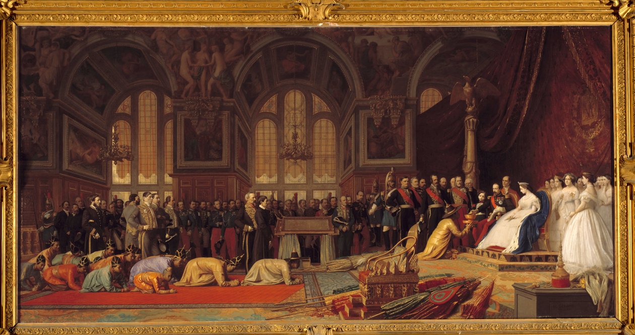 Napoleon III:n ja Impress Eugenien Siam Ambassadorsin vastaanotto: Chateau de Fontainebleaun suuressa juhlasalissa Henri II:n 27.6.1861, Jean Leon (Jean-Leon) Geromen (1824-1904) maalaus tekijältä Jean Leon Gerome