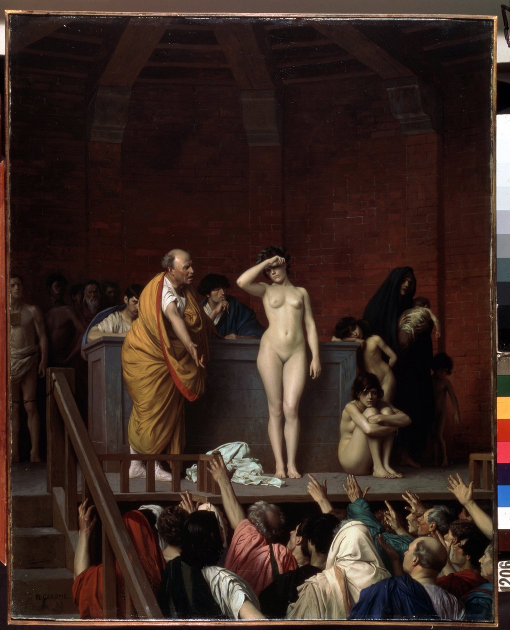 Muinainen Rooma: ""The Slave Market in Rome"" (The Slave Market in Rome) Alaston orja lavalla myydään yleisön edessä, joka nostaa käsiään antaakseen hinnan. Jean Leon Geromen (1824-1904) maalaus 1884 Koko 92x74 cm Museo of E tekijältä Jean Leon Gerome