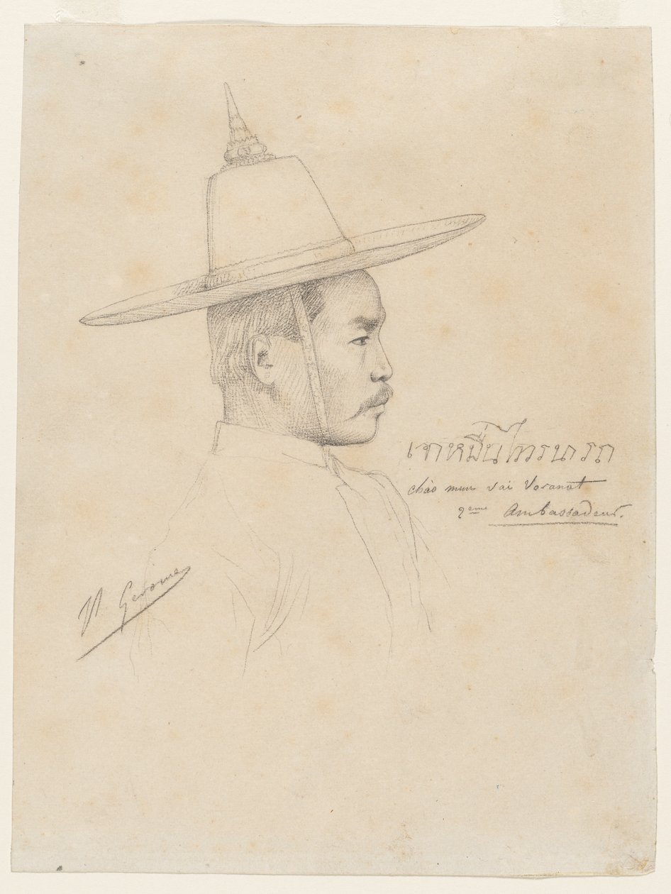 Tutkimus "Siamilaisten suurlähettiläiden vastaanotto Fontainebleaussa" tekijältä Jean Leon Gerome