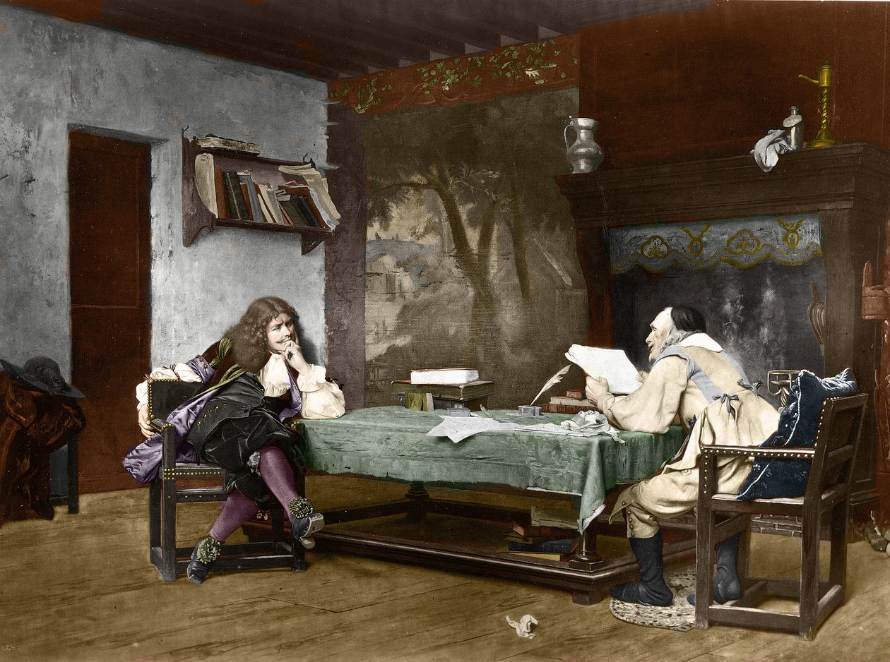 Kirjailijat Jean-Baptiste (Jean Baptiste) Poquelin dit Moliere (1622-1673) ja Pierre Corneille (1606-1684). 1800-luku (litografia Jean-Leonin (Jean Leon) Geromen maalauksen jälkeen) tekijältä Jean Leon Gerome