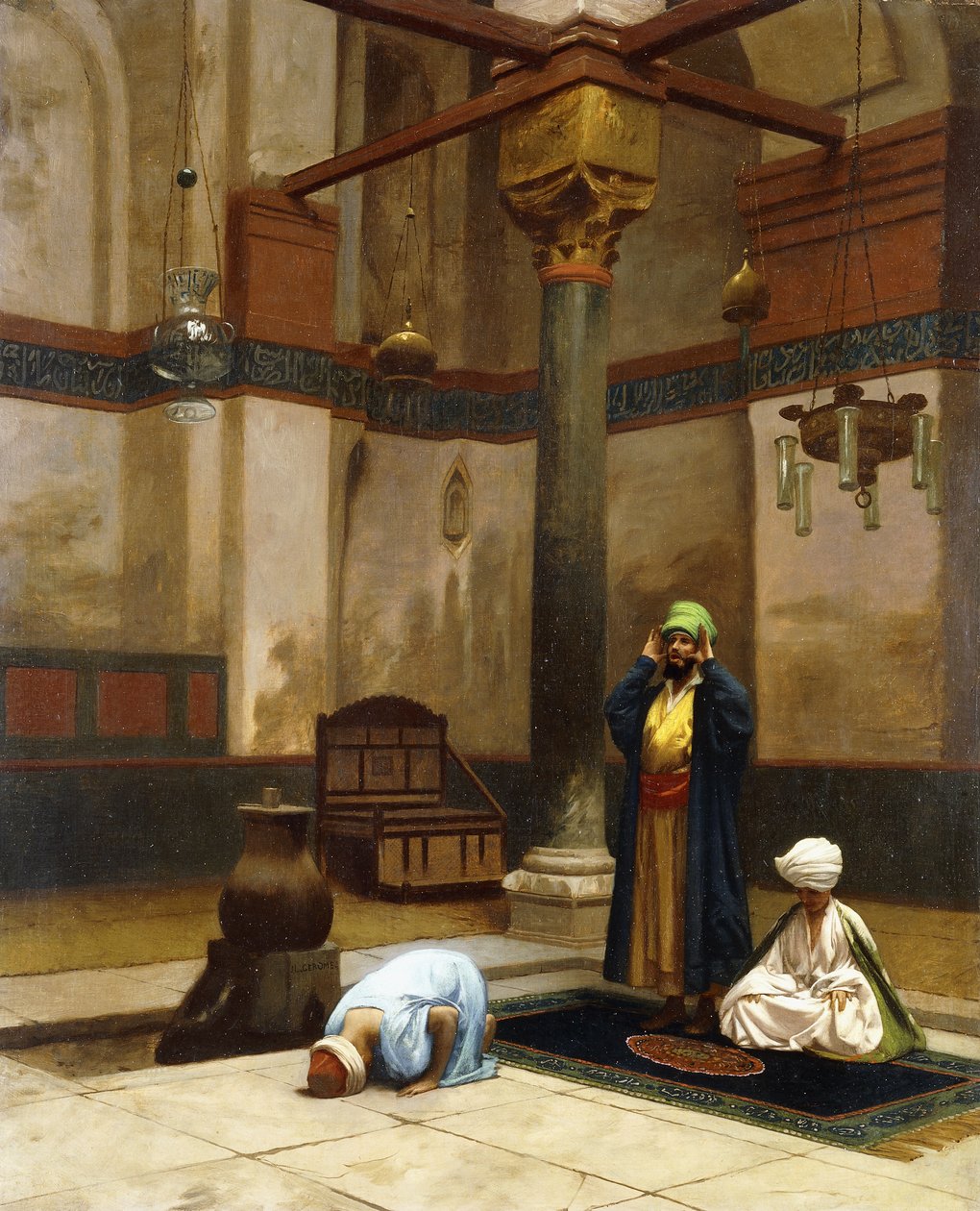Kolme ihmistä rukoilemassa kulmamoskeijassa; Kolme hahmoa rukoilemassa moskeijan kulmassa, tekijältä Jean Leon Gerome