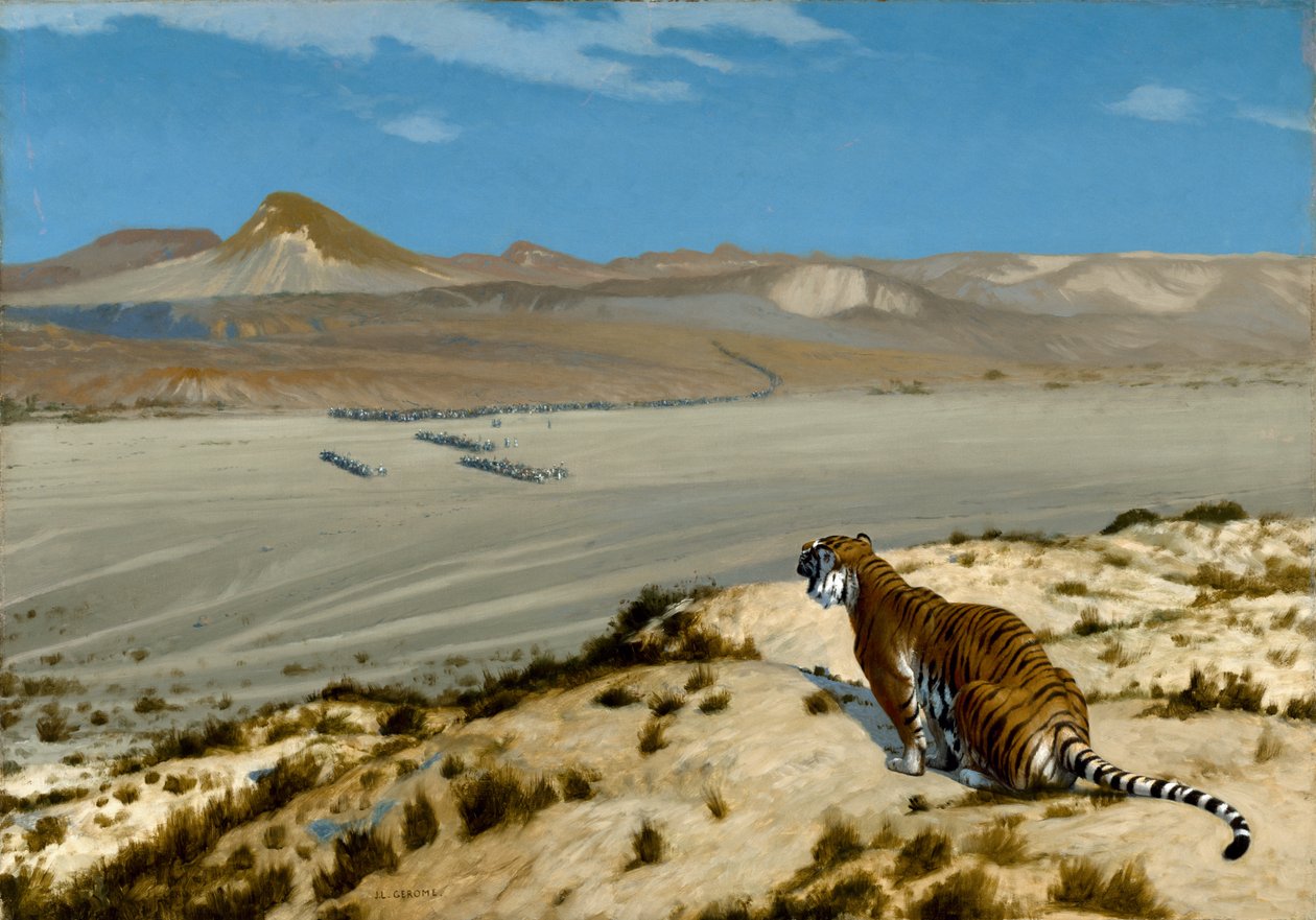 Tiger on the Watch, n. 1888 (öljy kankaalle) tekijältä Jean Leon Gerome