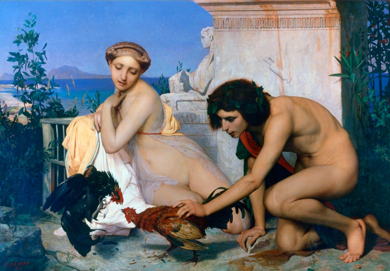 Nuoret kreikkalaiset kannustavat kukkoja taistelemaan, 1846 tekijältä Jean Leon Gerome