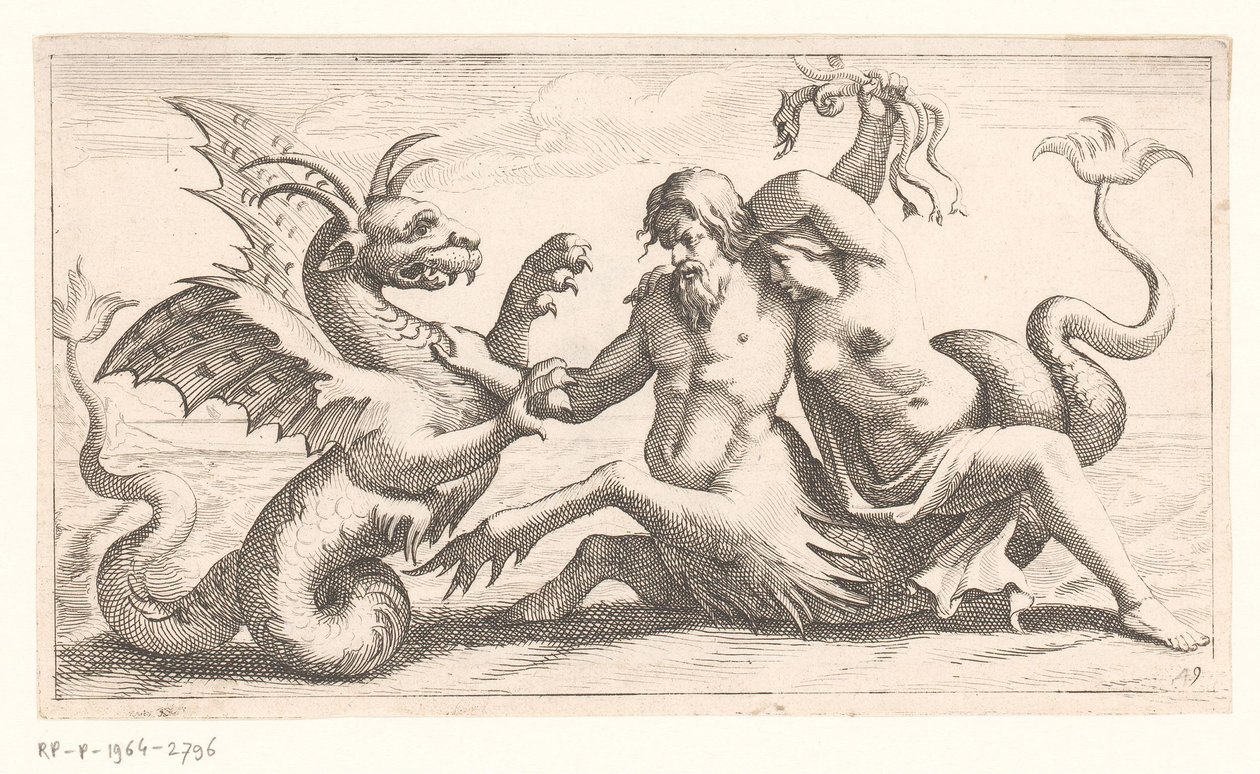 Triton, jossa nainen taistelee merihirviötä vastaan tekijältä Jean Lepautre (attributed to)