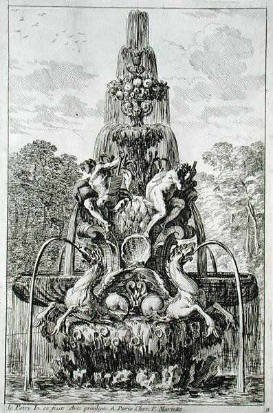 Suihkulähde teoksesta "Fountains and Waterjets in the Italian Style", julkaistu 1661 (kaiverrus) tekijältä Jean Lepautre