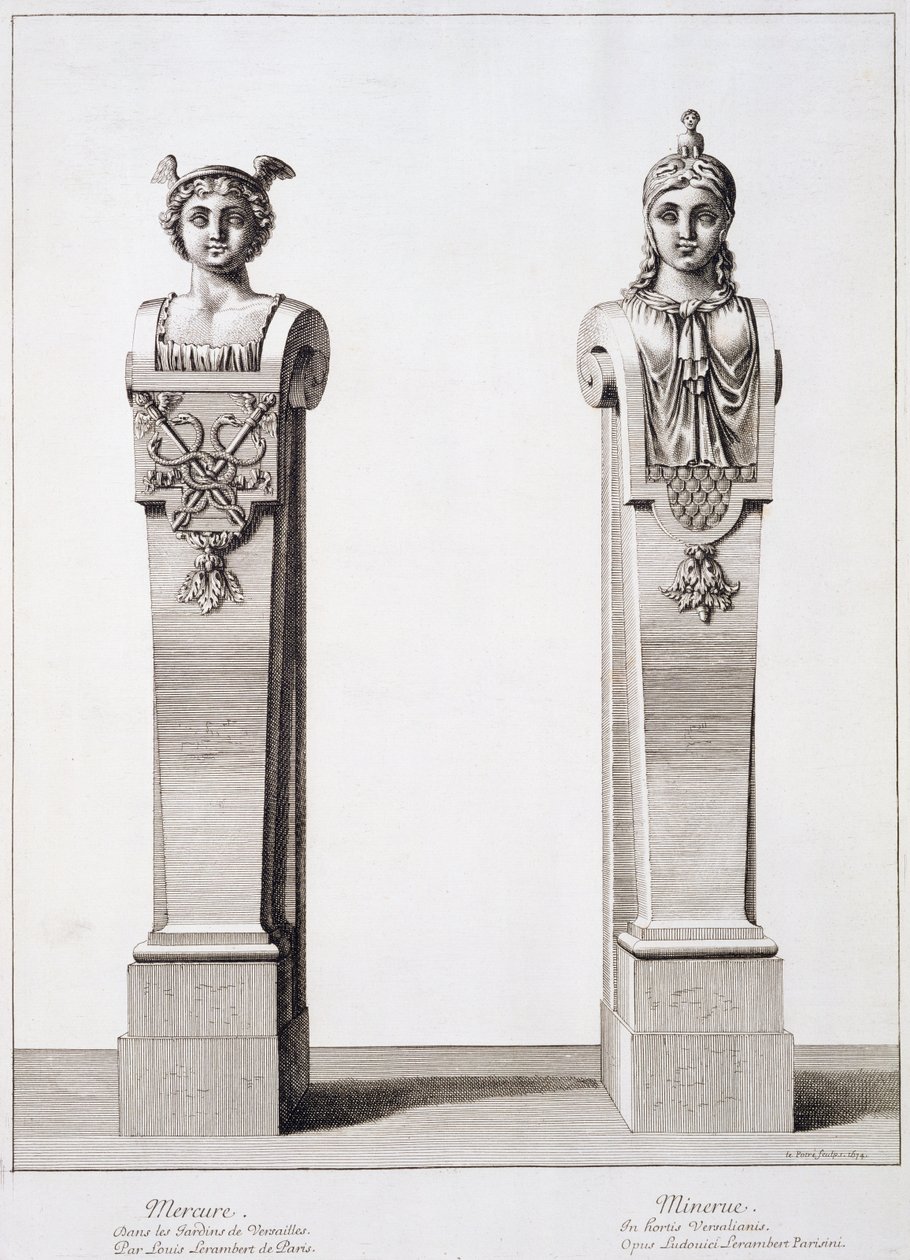 Louis Lerambertin Merkuriuksen ja Minervan rintakuvat Versaillesissa, 1674 tekijältä Jean Lepautre