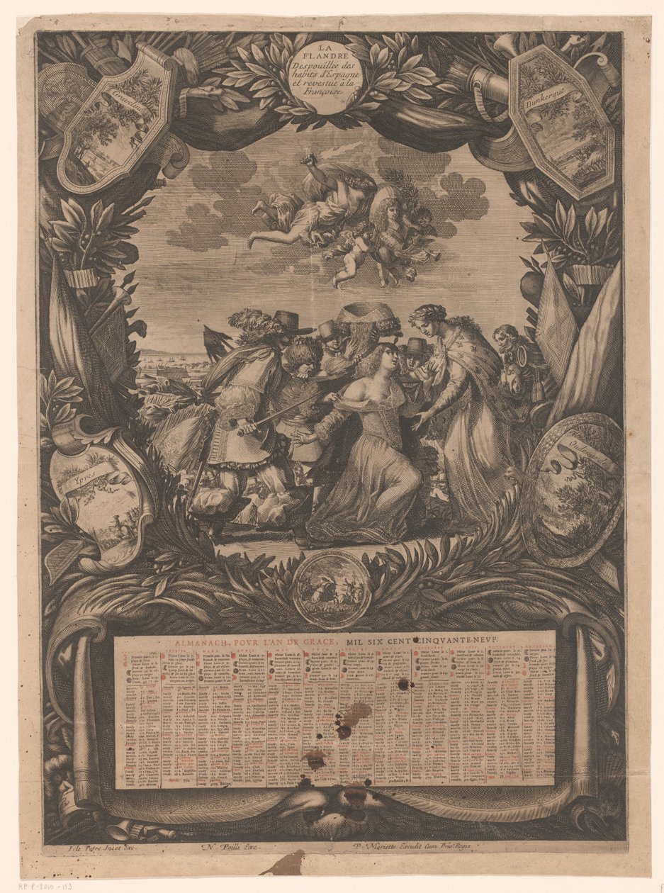 Kalenteri vuodelle 1659: Allegoria Flanderin alistumisesta Ludvig XIV:lle Kalenteri vuodelle 1659: Allegoria Flanderin antautumisesta Ludvig XIV:lle Almanach, pour l