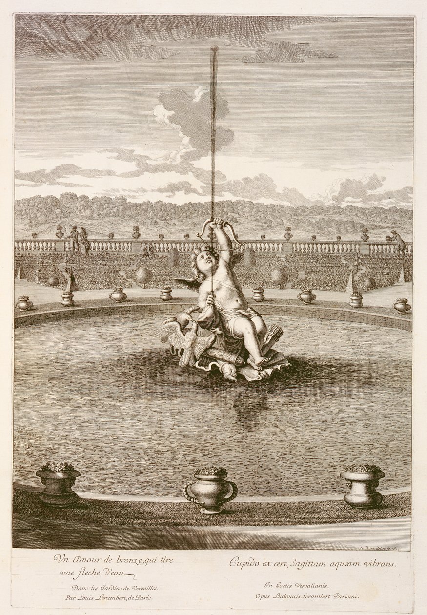 Louis Lerambertin suunnittelema suihkulähde, jossa Cupid ampuu vesisuihkunuolella, Versaillesissa, 1677 tekijältä Jean Lepautre