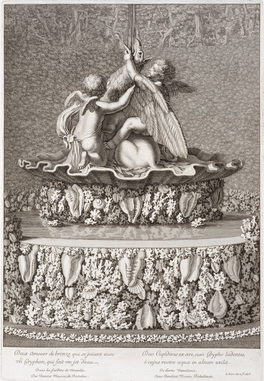 Suihkulähde, jossa kaksi amoria leikkimässä grifonilla, Benoit Massou, Versailles, 1676 tekijältä Jean Lepautre