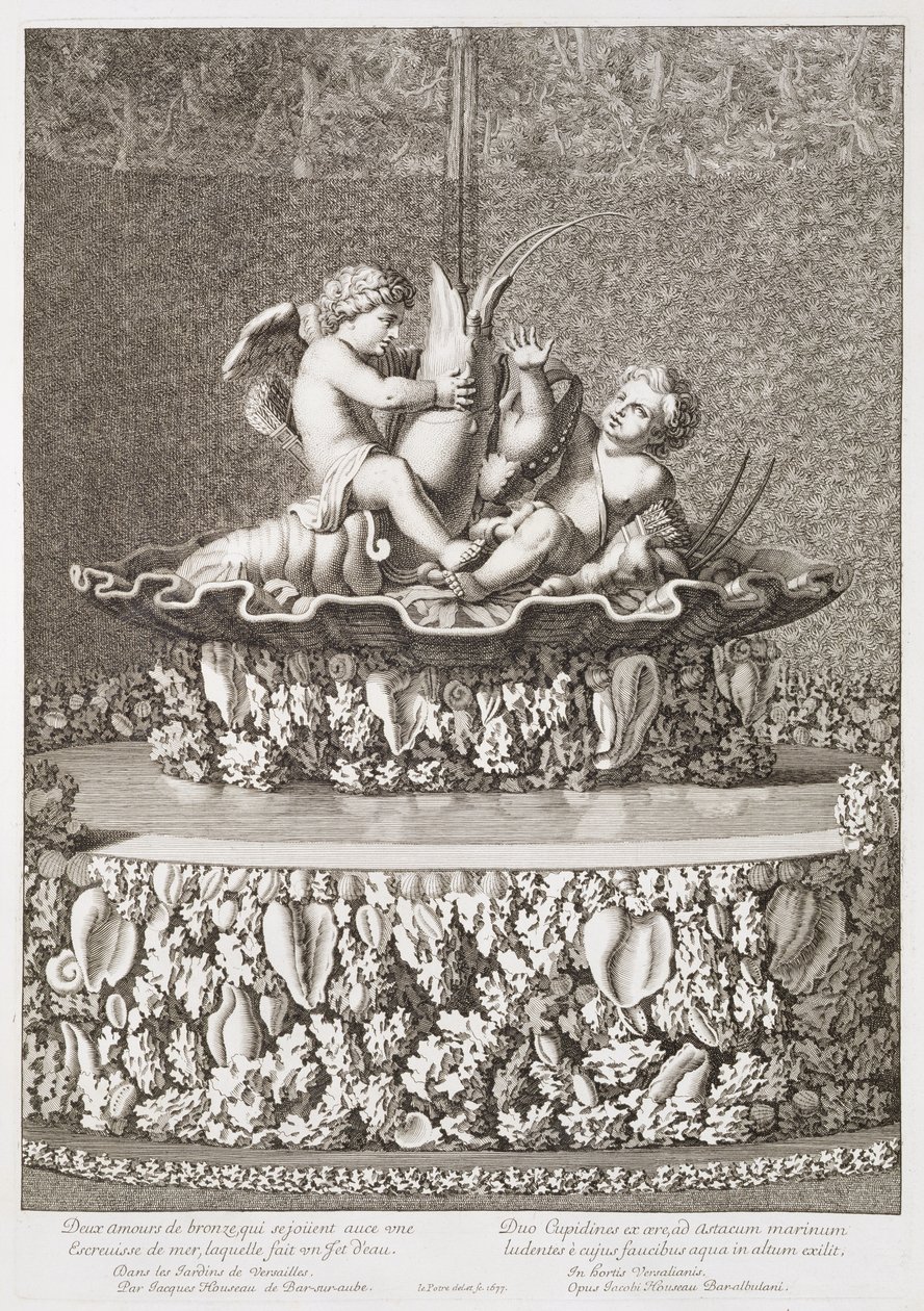 Suihkulähde, jossa on kaksi rapulla ratsastavaa kuppikuntaa, Jacques Houseaun suunnittelema, Versailles, 1677. tekijältä Jean Lepautre
