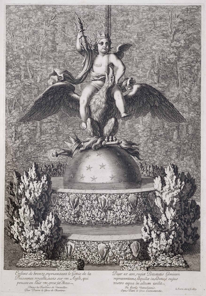Pierre le Grosin kuninkaallisen voiman neroa edustavat suihkulähteet, Versailles, 1677 tekijältä Jean Lepautre