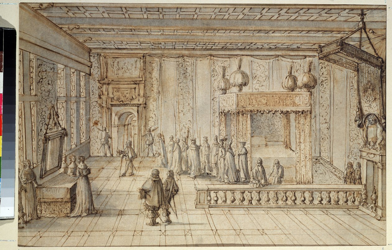 Kuningas Ludvig XIV:n (1638-1715) makuuhuone Versaillesissa. Kuningas Ludvig XIV:n kammio Versaillesissa. Jean Le Pautren (1618-1682) piirustus tekijältä Jean Lepautre