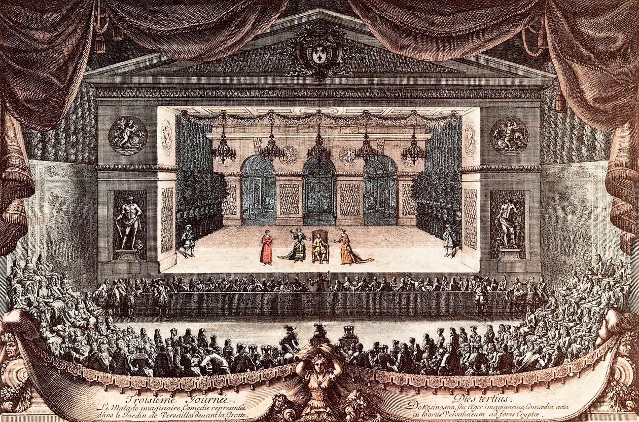 Jean Baptiste Poquelin dit Moliere Versaillesissa "Le malade imaginaire" (Imaginary Invalid) (värillinen kaiverrus) tekijältä Jean Lepautre