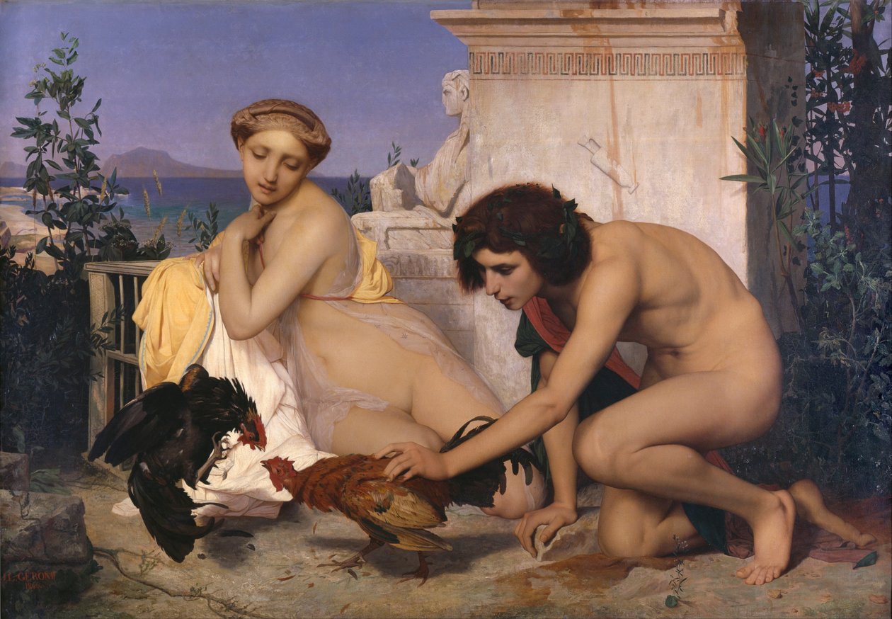 kukkotappelu, joka tunnetaan myös nimellä Jeunes Grecs faisant battre des coqs (Nuoret kreikkalaiset lyövät kukkoja). tekijältä Jean Leon Gerome