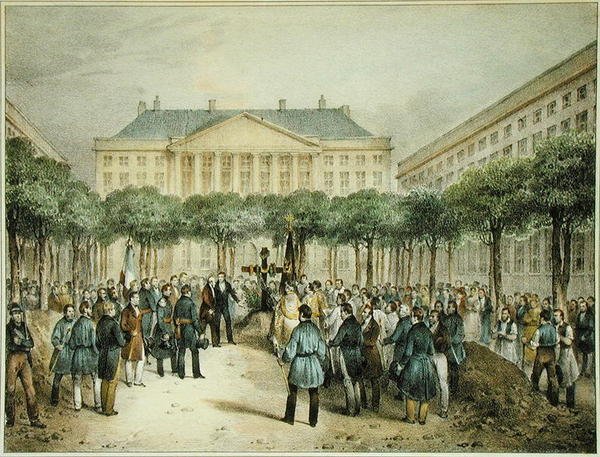 Vallankumouksellisten hautaus Place des Martyres de la Liberte -aukiolle Brysselissä, 2. lokakuuta 1830, kaiverrus A.M. Jobard (fl.1820-20) (väri litho) tekijältä Jean Louis (after) Van Hemelryck