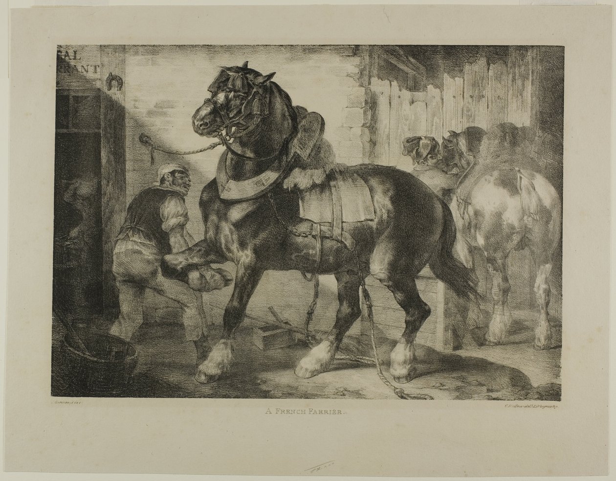 Ranskalainen suutari, levy 12 eri aiheista, jotka on piirretty elämästä kivelle. tekijältä Jean Louis André Théodore Géricault