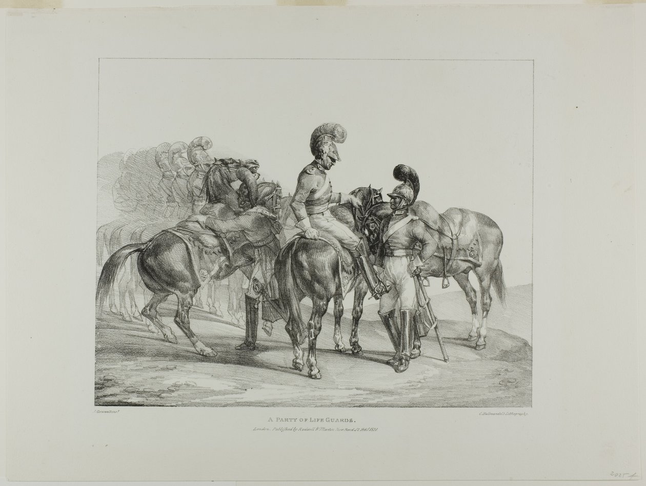 A Party of Life Guards, levy 5 eri aiheista, jotka on piirretty elävästä elämästä ja kivestä (The English Suite). tekijältä Jean Louis André Théodore Géricault