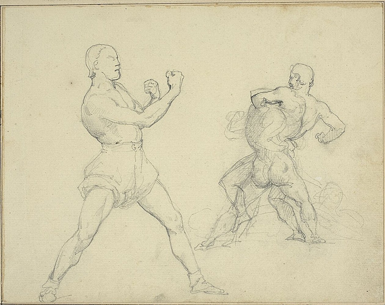 Nyrkkeilijä oikealle päin ja kaksi miestä painimassa tekijältä Jean Louis André Théodore Géricault