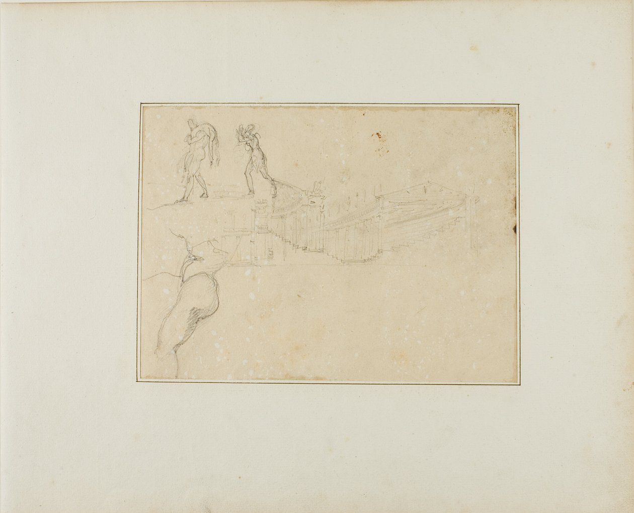 Pilarihallin poikkileikkaus ja kolme hahmoluonnosta. tekijältä Jean Louis André Théodore Géricault