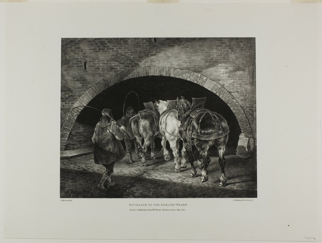 Adelphi Wharf -laiturin sisäänkäynti, laatta 11 teoksesta Eri aiheet elämästä ja kivestä piirrettyinä (The English Suite). tekijältä Jean Louis André Théodore Géricault