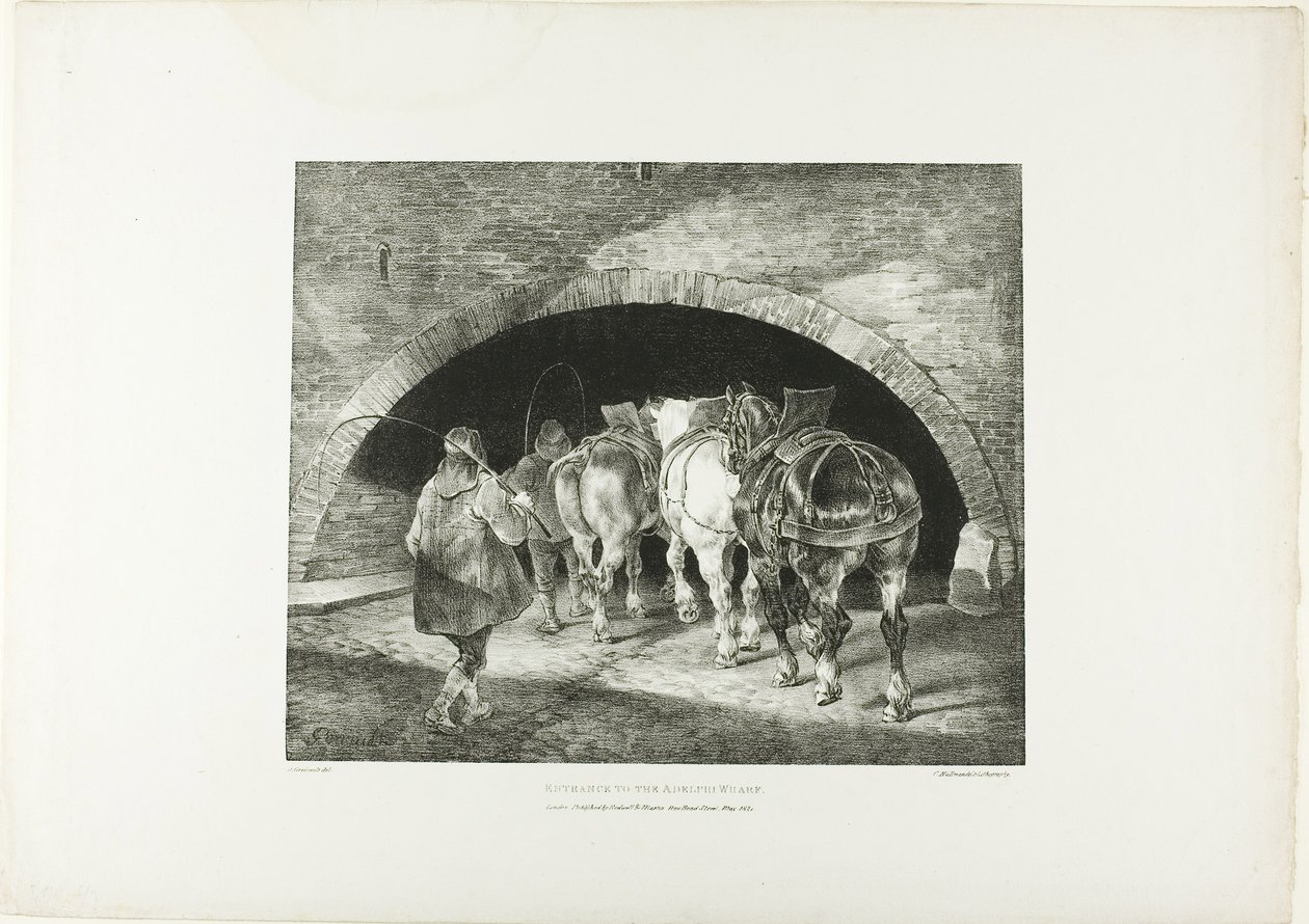 Adelphi Wharf -laiturin sisäänkäynti, laatta 11 teoksesta Eri aiheet, jotka on piirretty elämästä kivelle. tekijältä Jean Louis André Théodore Géricault