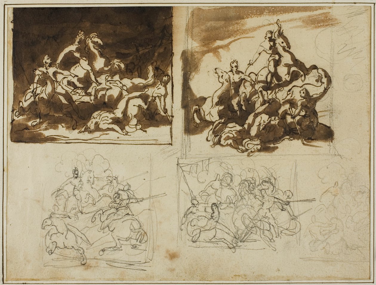 Viisi luonnosta ratsuväen taistelua varten tekijältä Jean Louis André Théodore Géricault