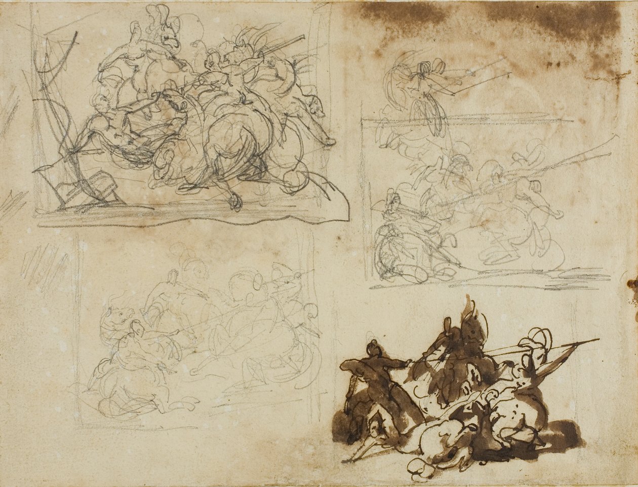 Neljä luonnosta ratsuväen taistelua varten tekijältä Jean Louis André Théodore Géricault