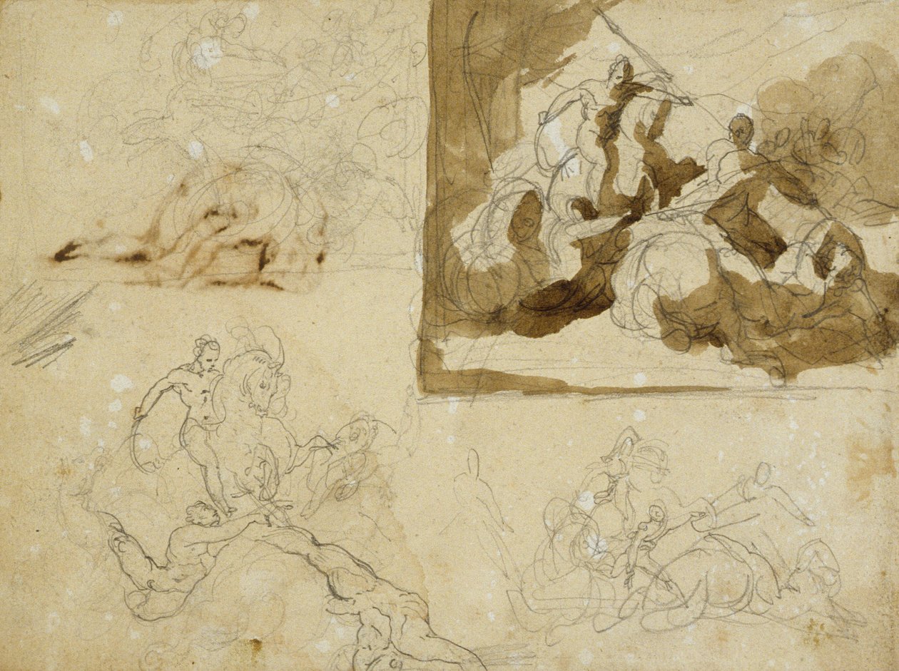 Neljä luonnosta ratsuväen taistelua varten tekijältä Jean Louis André Théodore Géricault