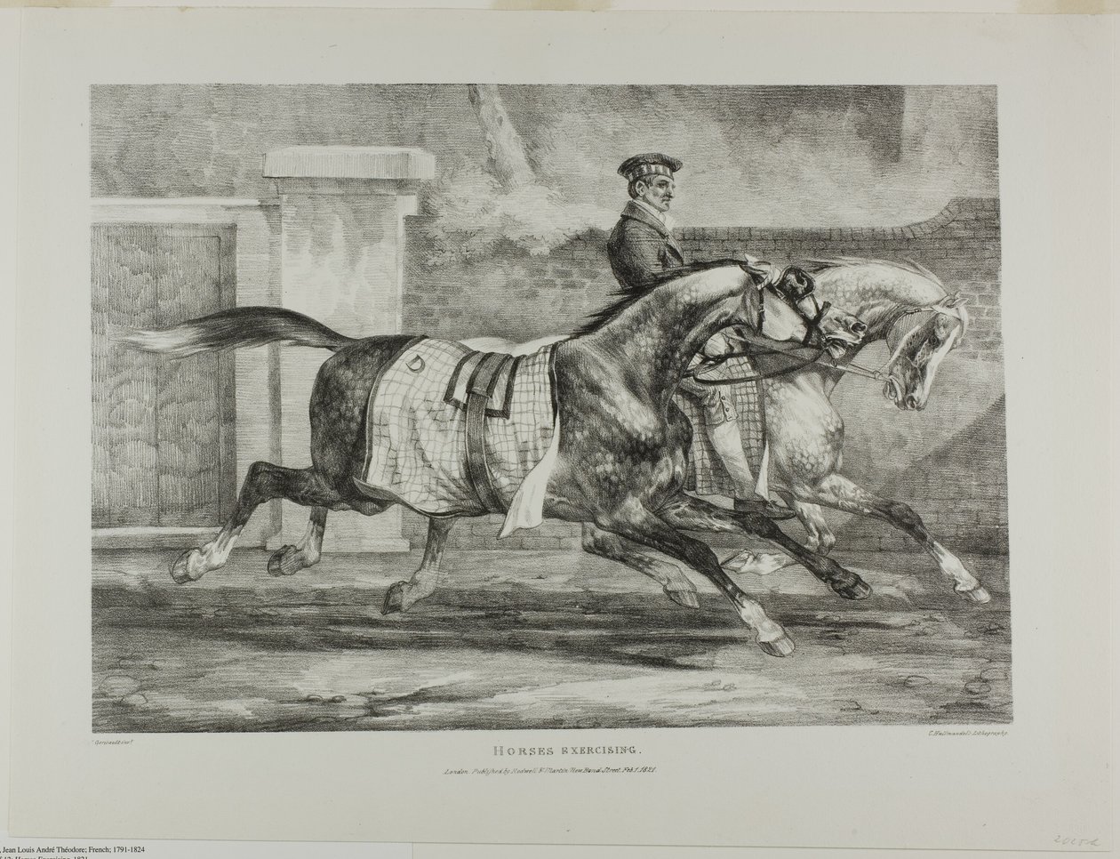 Hevoset harjoittelemassa, levy 6 eri aiheista, jotka on piirretty elämästä ja kivestä (The English Suite). tekijältä Jean Louis André Théodore Géricault