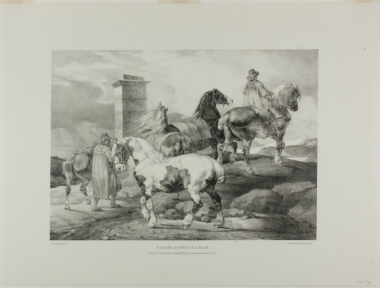 Hevoset menossa messuille, levy 3 eri aiheista, jotka on piirretty elävästä elämästä ja kivestä (The English Suite). tekijältä Jean Louis André Théodore Géricault
