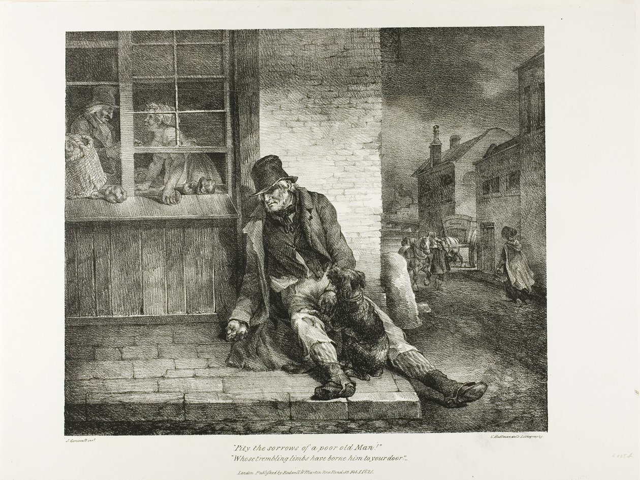Pity the Sorrows of a Poor Old Man!... plate 2 from Various Subjects Drawn from Life and on Stone (The English Suite) (suomenkielinen sarja) tekijältä Jean Louis André Théodore Géricault