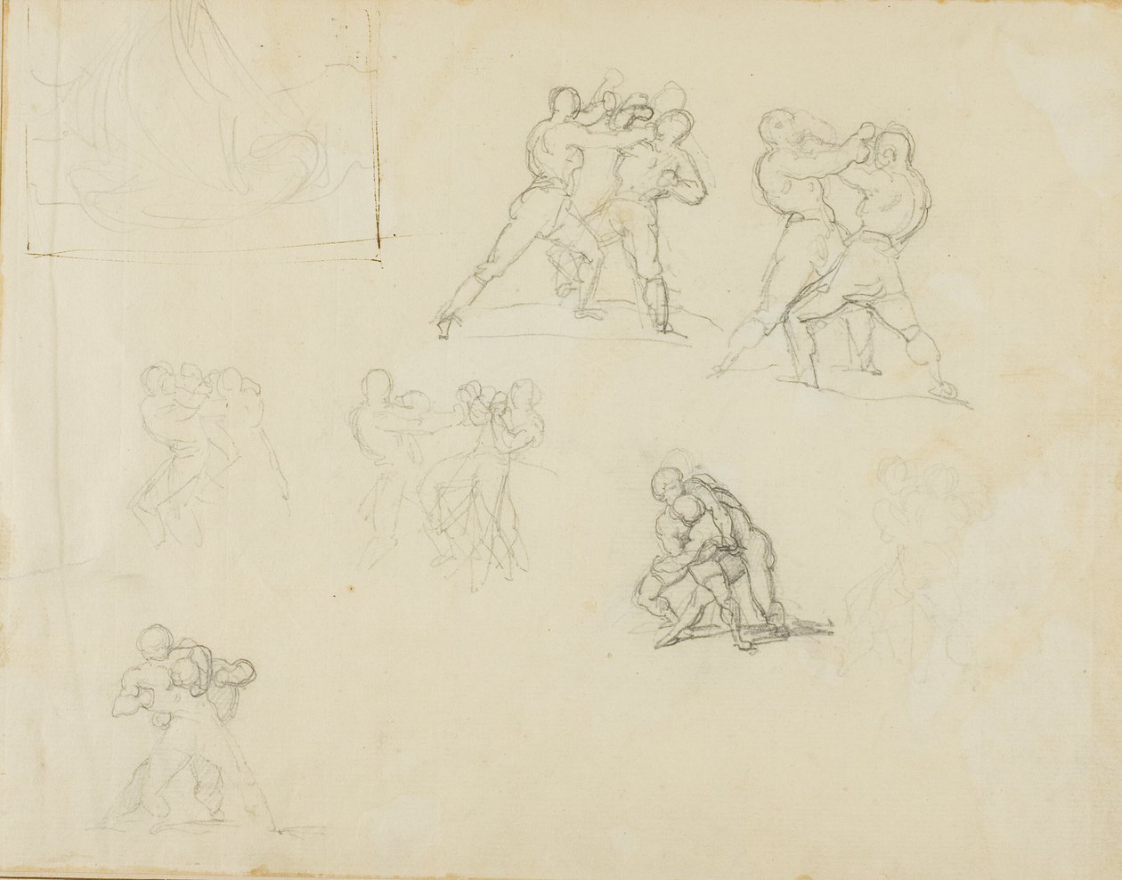 Seitsemän luonnosta nyrkkeilijä- tai painijapareista tekijältä Jean Louis André Théodore Géricault