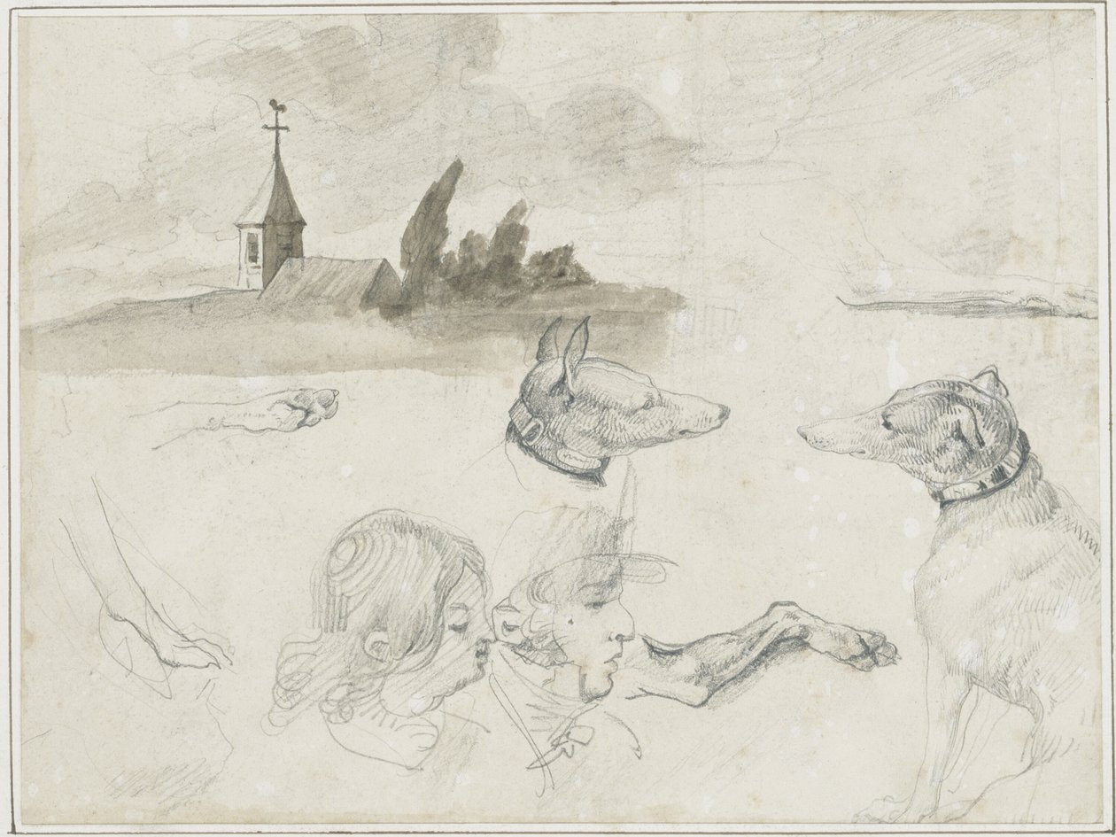 Luonnosarkki: Greyhounds; Mies- ja naispuolinen pää vuonna tekijältä Jean Louis André Théodore Géricault