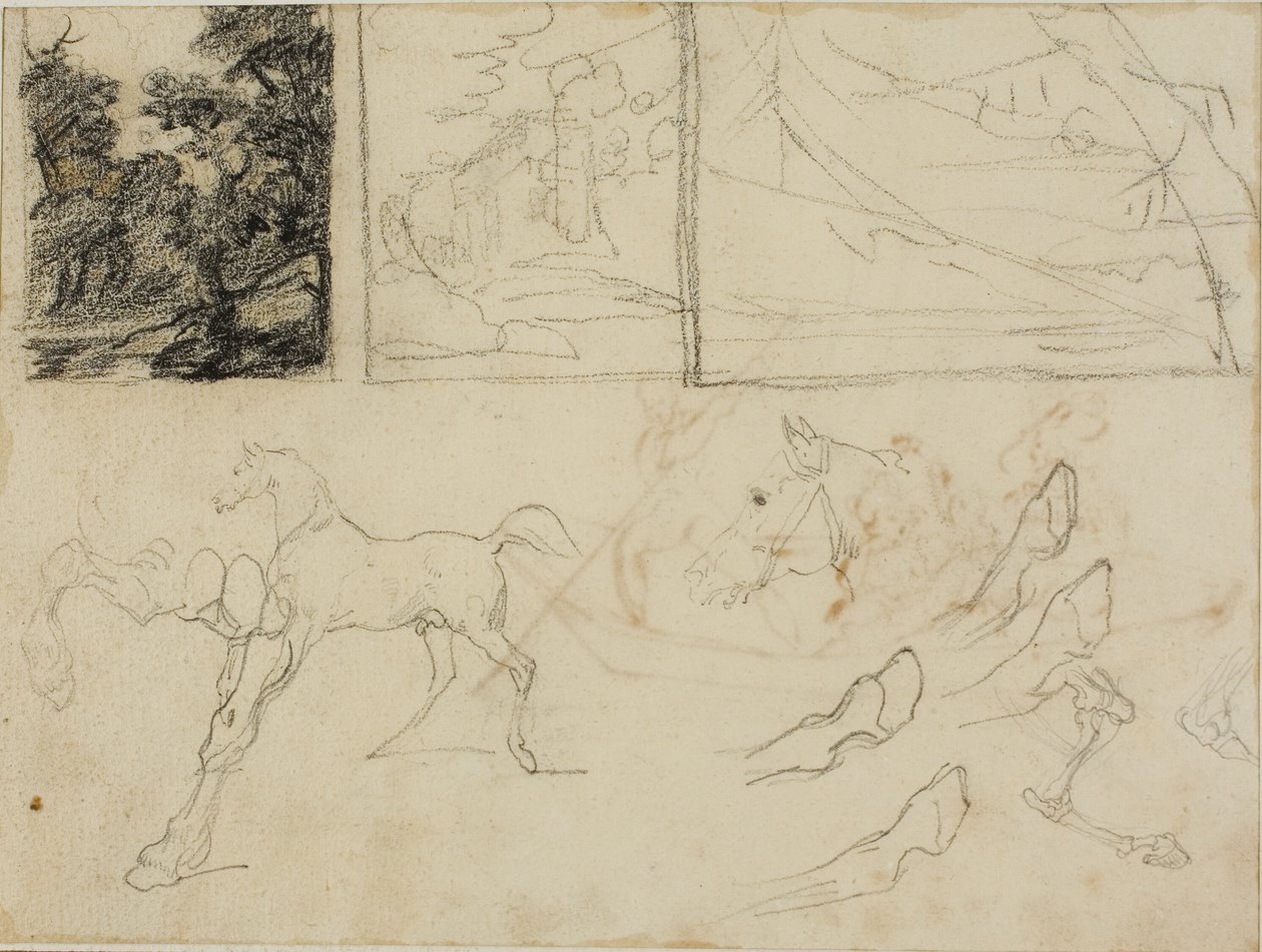 Luonnosarkki: kolme maisemaa, hevoset ja kaviot tekijältä Jean Louis André Théodore Géricault