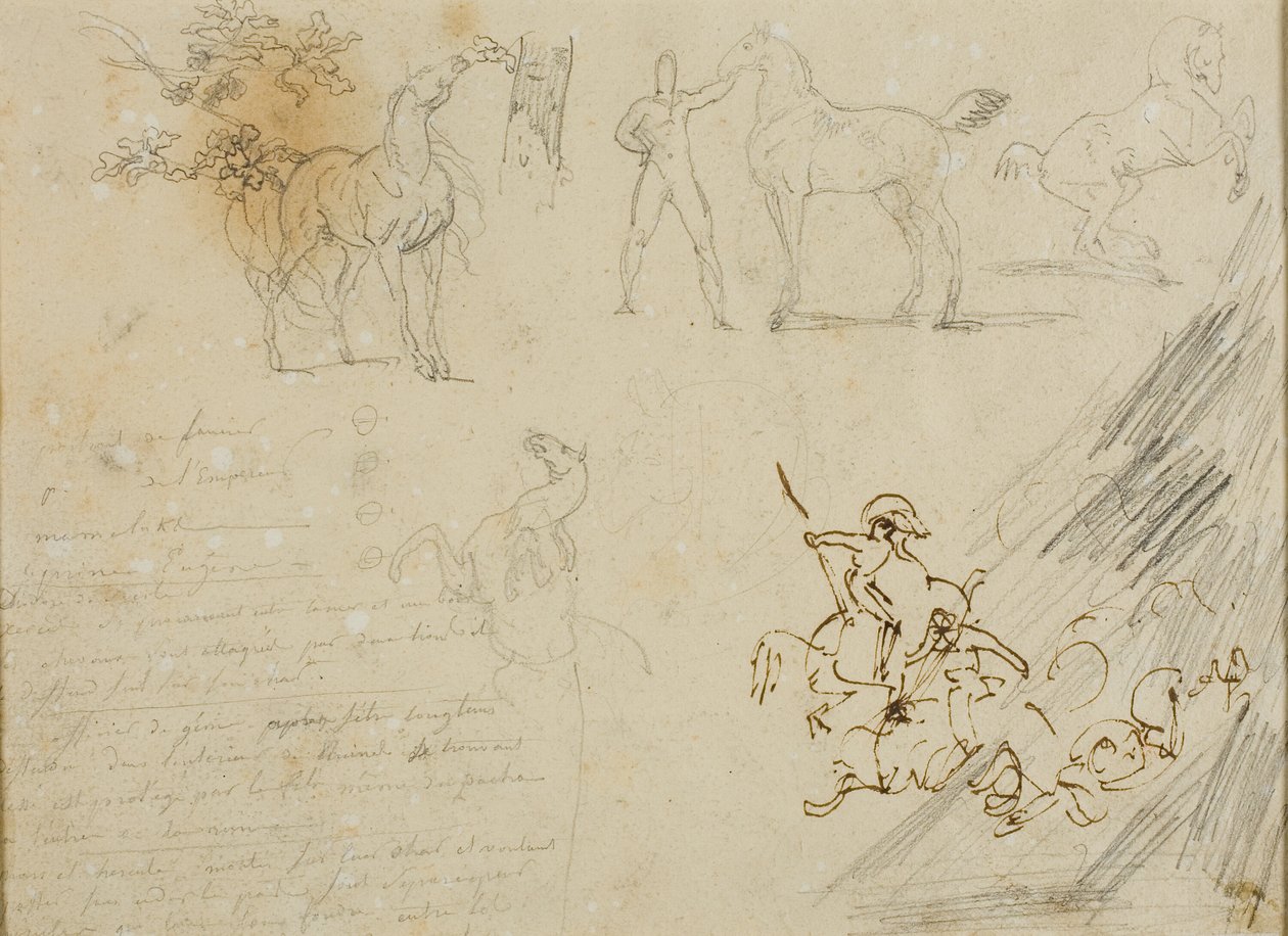Luonnoksia hevosista, hevosta pitelevä sulhanen, ratsuväen taistelu tekijältä Jean Louis André Théodore Géricault