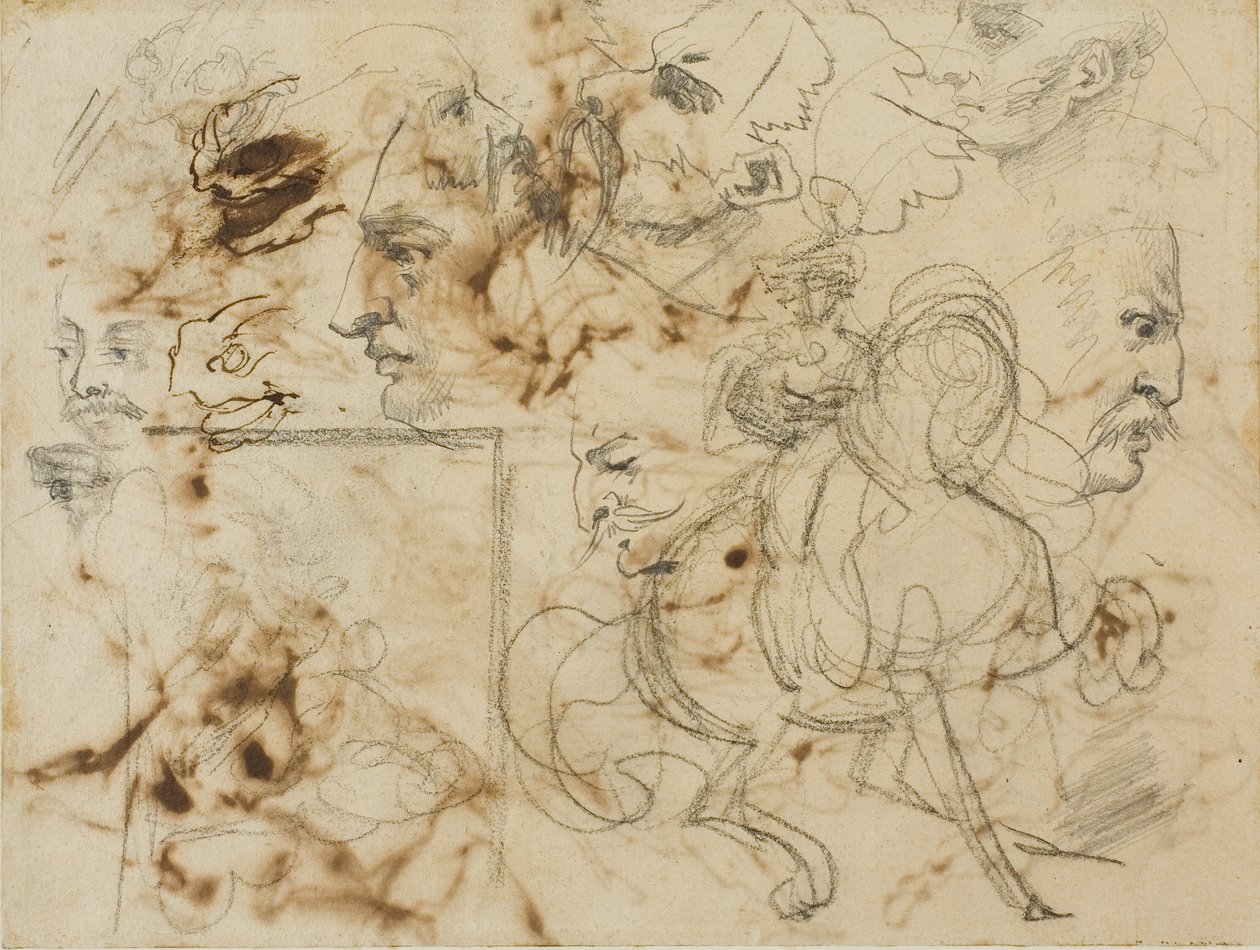 Luonnoksia miesten kasvoista, hevosten kuonoista ja ratsusotilaista. tekijältä Jean Louis André Théodore Géricault