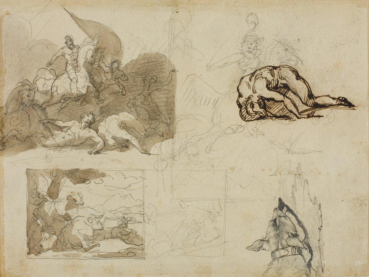 Luonnoksia ratsuväen taistelusta, maisema lehmien kanssa ja muita sävellyksiä tekijältä Jean Louis André Théodore Géricault