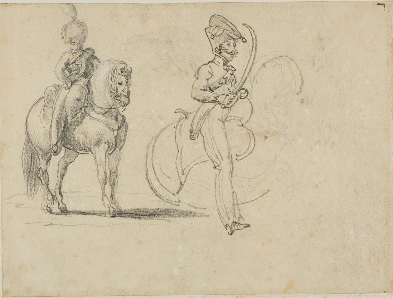 Piirrokset ratsastajasta ja ratsuväen upseerista, jolla on piirretty sapeli. tekijältä Jean Louis André Théodore Géricault